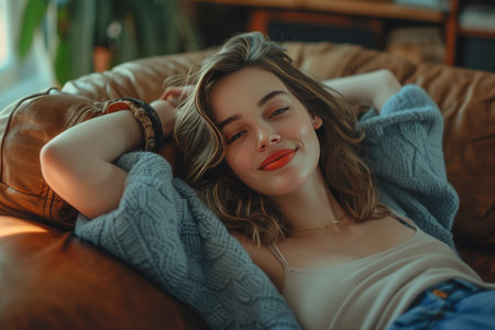 woman relaxing on cozy leather chair and smiling to herself.の素材
