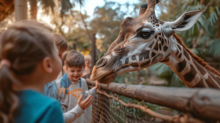 Happy family feeding a giraffe at the zoo.の素材