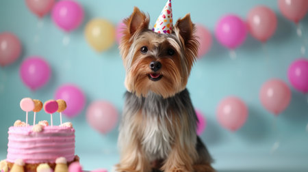 Cute Yorkshire terrier dog in a birthday cap sits near the cake on a minimalistic bright background.の素材