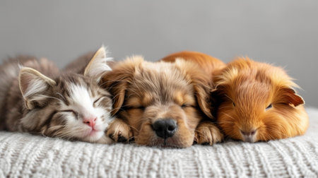 Fluffy cat, dog and guinea pig lie hugging.の素材