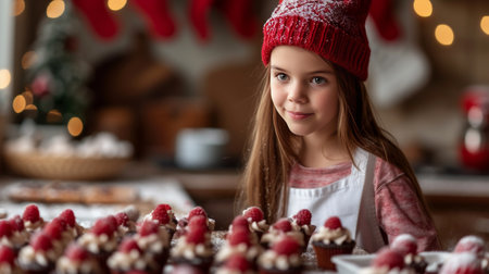 Beautiful girl 12 years old bakes holiday cupcakes in the kitchen.の素材
