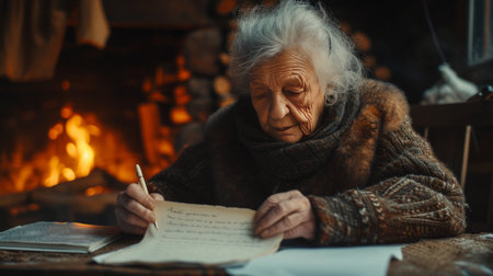 An old woman writes a letter sitting at an old oak table against the background of a fireplace.の素材