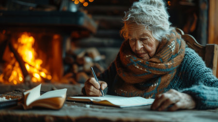 An old woman writes a letter sitting at an old oak table against the background of a fireplace.の素材