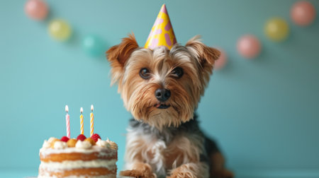 Cute Yorkshire terrier dog in a birthday cap sits near the cake on a minimalistic bright background.の素材