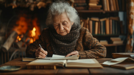 An old woman writes a letter sitting at an old oak table against the background of a fireplace.の素材