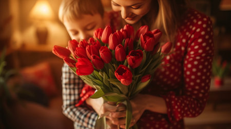 Boy and dad give a bouquet of red tulips to a woman in a red polka dot dress.の素材
