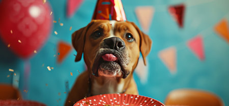 dog drinking birthday pipe with a party hat.の素材