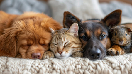 Fluffy cat, dog and guinea pig lie hugging.の素材