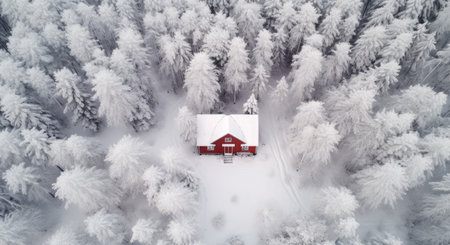 aerial view of a red house in winter forest.の素材