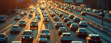 an image of lots and lots of cars on a highway.の素材
