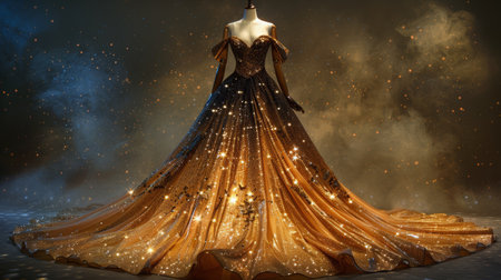 A dress made of luxurious gold and blue fabric, showing intricate detailing and craftsmanship.の素材