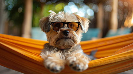 A small dog in sunglasses relaxes in a hammock, enjoying the sun.の素材