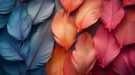 A detailed view of a vibrant, multicolored feather set against a smooth blue backdrop.の素材