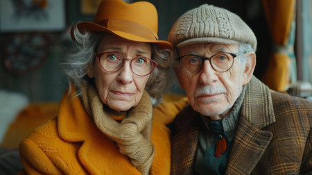 An older man and woman are wearing hats and scarves.の素材