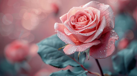 A pink rose covered in water droplets.の素材