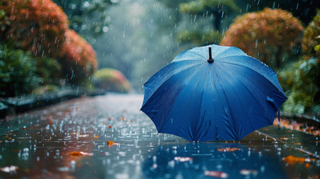 A blue umbrella rests in the center of a puddle of water on the ground.の素材