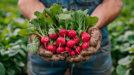 A persons hands holding a bunch of fresh radishes. The radishes are vibrant in color, showing their greens and reds.の素材