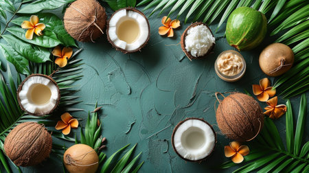 Assortment of coconuts and coconut oil bottles arranged neatly on a wooden table.の素材