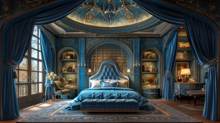 A bedroom featuring blue walls and a ceiling fan for air circulation and cooling.の素材