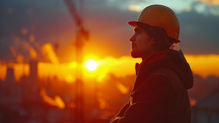 A man wearing a hard hat and backpack walks through the ruins of a city destroyed by disaster, surveying the damage.の素材