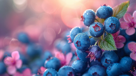 Detailed view of ripe blueberries nestled among delicate pink flowers in a close-up shot.の素材