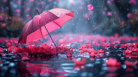 A bright red umbrella sits atop a puddle of water, contrasting against the reflective surface.の素材