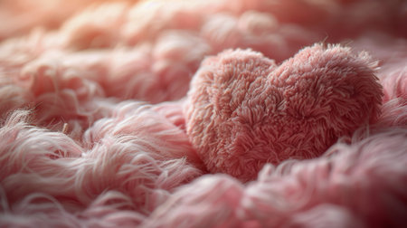 A heart shaped stuffed animal resting on a fluffy pink blanket.の素材