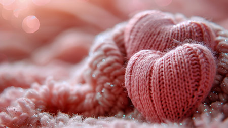 Three knitted hearts placed on top of a mound of snow, creating a festive and wintry scene.の素材