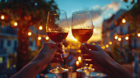 Two individuals raising wine glasses in a toast gesture while standing against a backdrop of a citys skyline.の素材