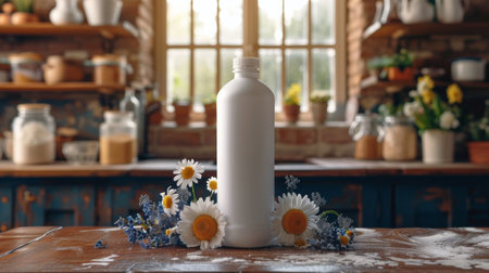 A white bottle is placed on a wooden table, creating a simple yet elegant composition.の素材