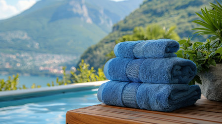 A neat stack of blue towels placed on top of a sturdy wooden table, creating a simple yet functional display.の素材