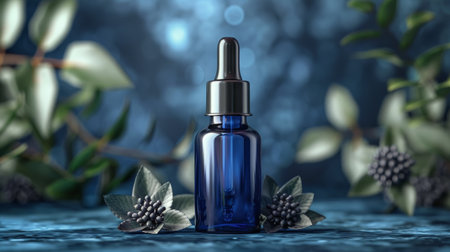 A blue glass bottle with a dropper sitting on a blue table.の素材