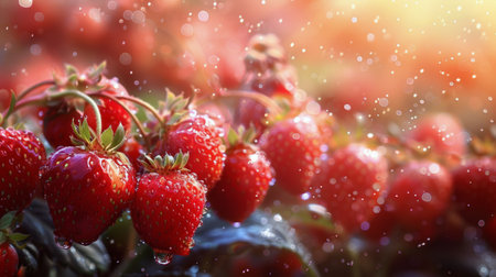 A group of ripe strawberries arranged neatly on top of a wooden table.の素材