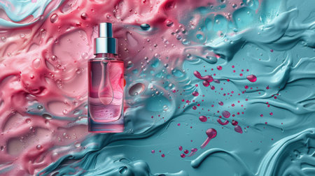 A clear bottle filled with blue liquid, featuring a green leaf attached to its side.の素材