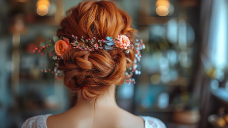A woman with vibrant red hair adorned with colorful flowers.の素材