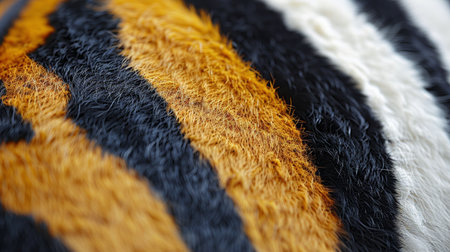 Back end of a zebras head with black and white stripes, positioned against a bright red wall.の素材