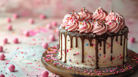 A white cake covered in pink frosting and colorful sprinkles on a white plate.の素材