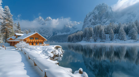A wooden cabin sits on the shore of a tranquil lake, surrounded by snow-covered mountains on a clear winter day.の素材