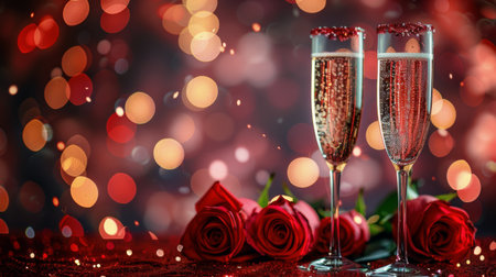 Two glasses filled with champagne placed on a table, with a backdrop of vibrant red roses.の素材