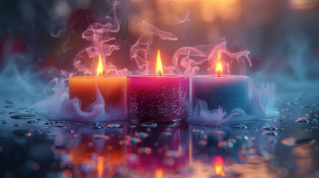 Three candles are arranged neatly on top of a wooden table.の素材