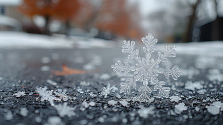 Detailed close-up of a single snowflake resting on the ground, showing its intricate ice crystal structure and delicate beauty.の素材
