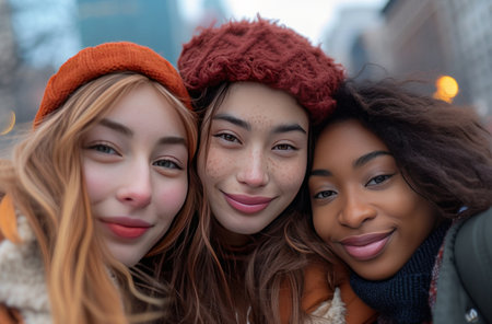 group selfie of three young women.の素材