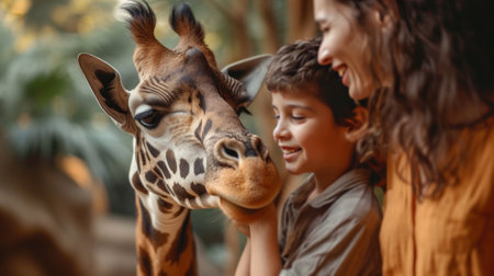 Happy family feeding a giraffe at the zoo.の素材