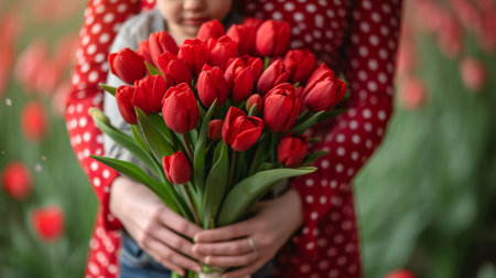Boy and dad give a bouquet of red tulips to a woman in a red polka dot dress.の素材