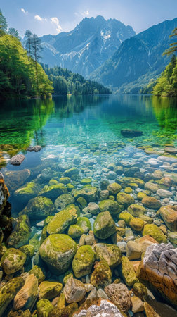 A lake surrounded by dense trees with a towering mountain in the background, showing a serene natural landscape.の素材