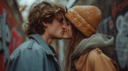 man and woman kissing in the urban setting.の素材