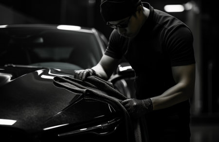 car washed by cleaning towel, man.の素材