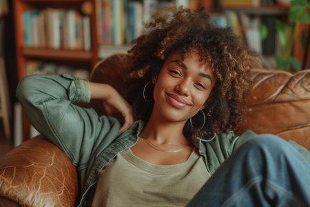 woman relaxing on cozy leather chair and smiling to herself.の素材
