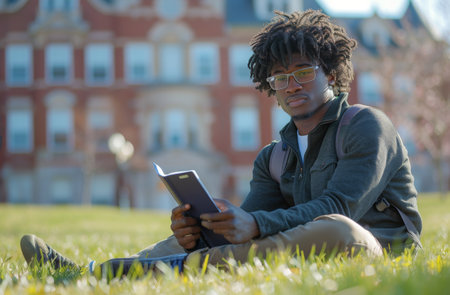 A man seated in a grassy field, engrossed in viewing content on a tablet device.の素材