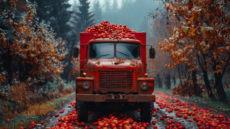 A red truck filled with ripe apples is driving down a paved road, showcasing a bustling scene of transportation and agriculture.の素材